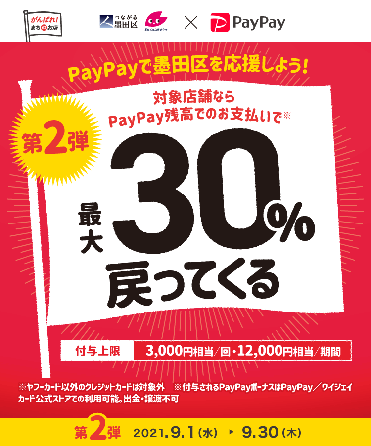 ◆墨田を応援！　Pay Payで３０%戻ってくる！！◆